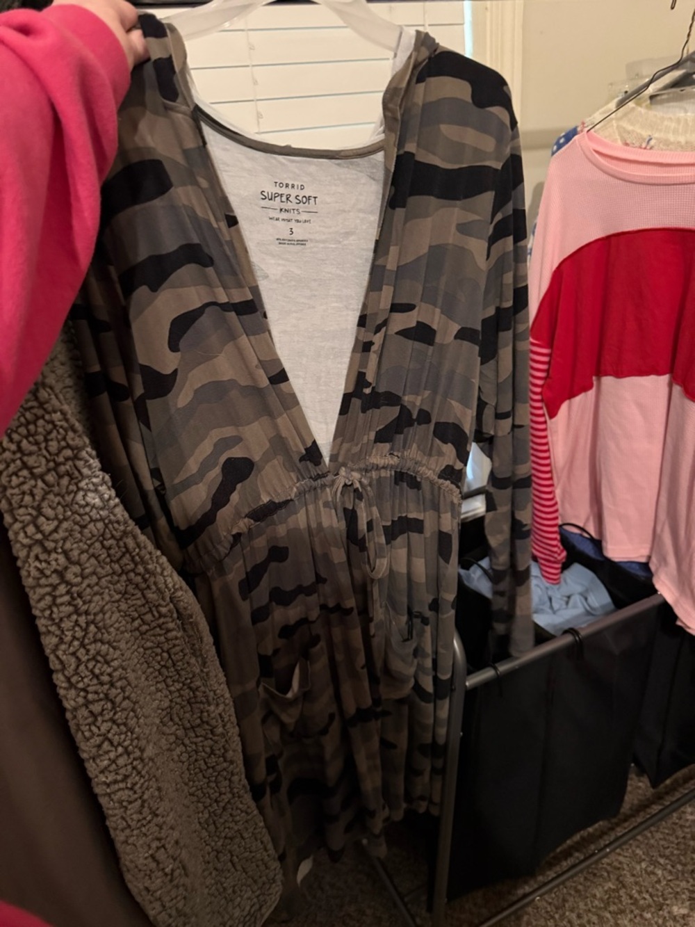 Torrid Olive & Black Camo Hooded Drawstring Long Cardigan